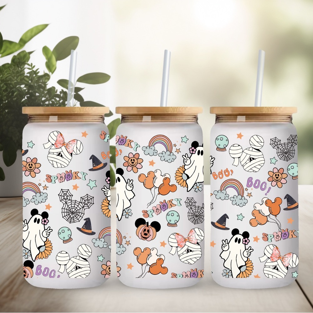 16oz Disney halloween glass can w/ bamboo lid
